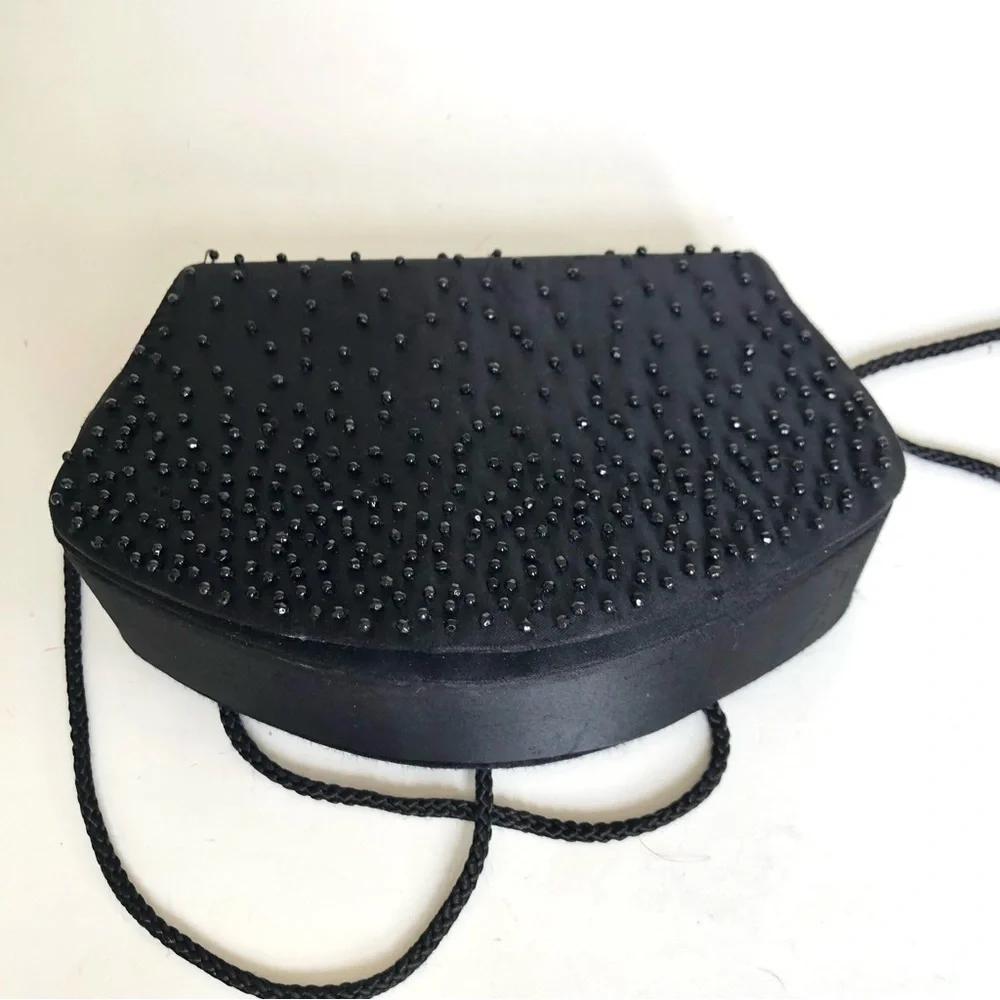 La Regale Vintage Clutch Black Beaded Satin Purse